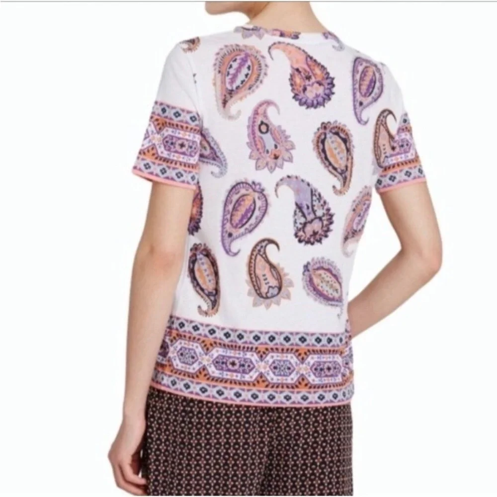 Tory Burch Dapper Paisley Print Short Sleeve TShirt Navy Blue Sz M